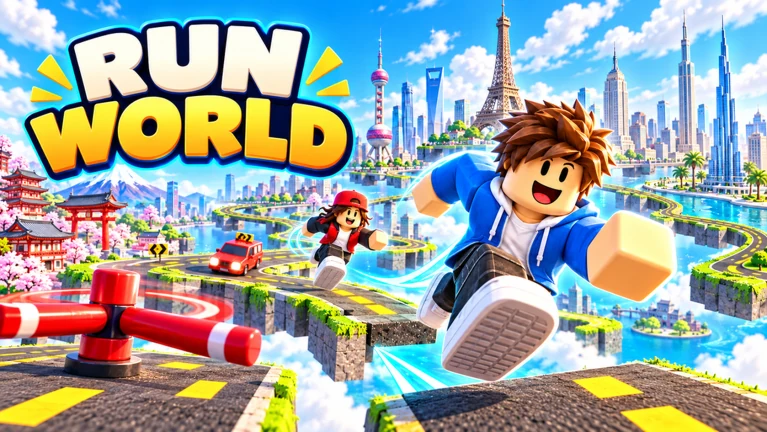 RUN WORLD 官方游戏封面：角色穿越世界城市跑酷赛道